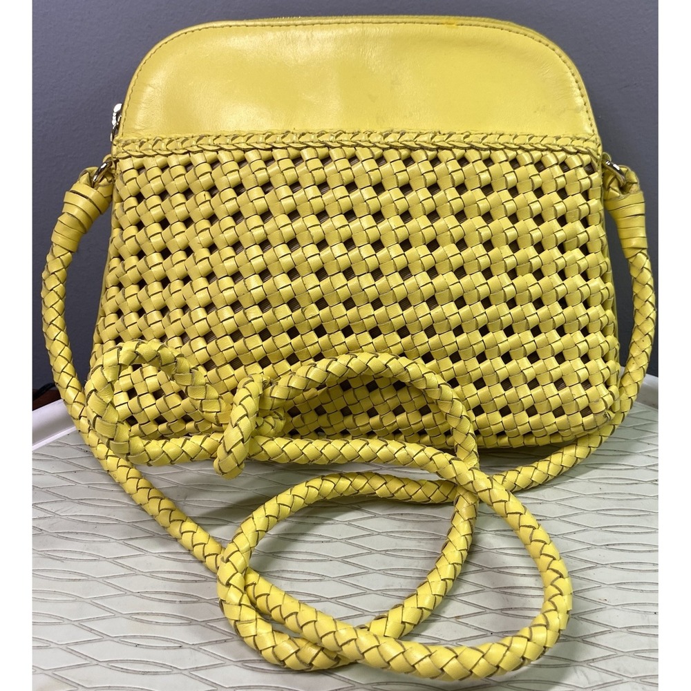 Talbots Women Bright Yellow Leather Criss Cross  Pattern Crossbody purse 8x10x2"
